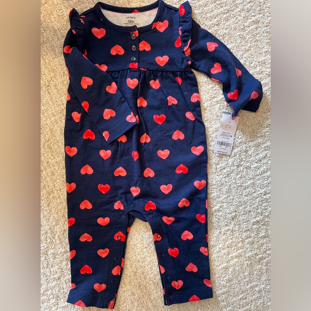 Valentine’s Carter’s  jumpsuit navy blue with hearts, 12 months